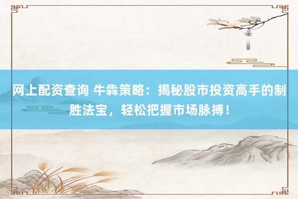网上配资查询 牛犇策略:揭秘股市投资高手的制胜法宝,轻松把握市场脉搏!